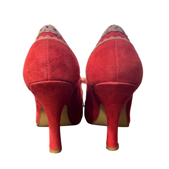 Poetic Licence London Lace Trim Red Suede Heels Pink-Bow Art Size EU 38 / US 7 - Picture 5 of 9